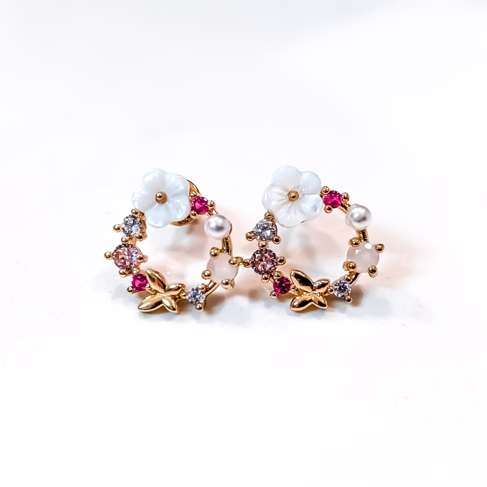 14k Gold or 925 Sterling Silver Hibiscus Pearl & Rose Quartz Butterfly Earrings - Picture 3 of 9